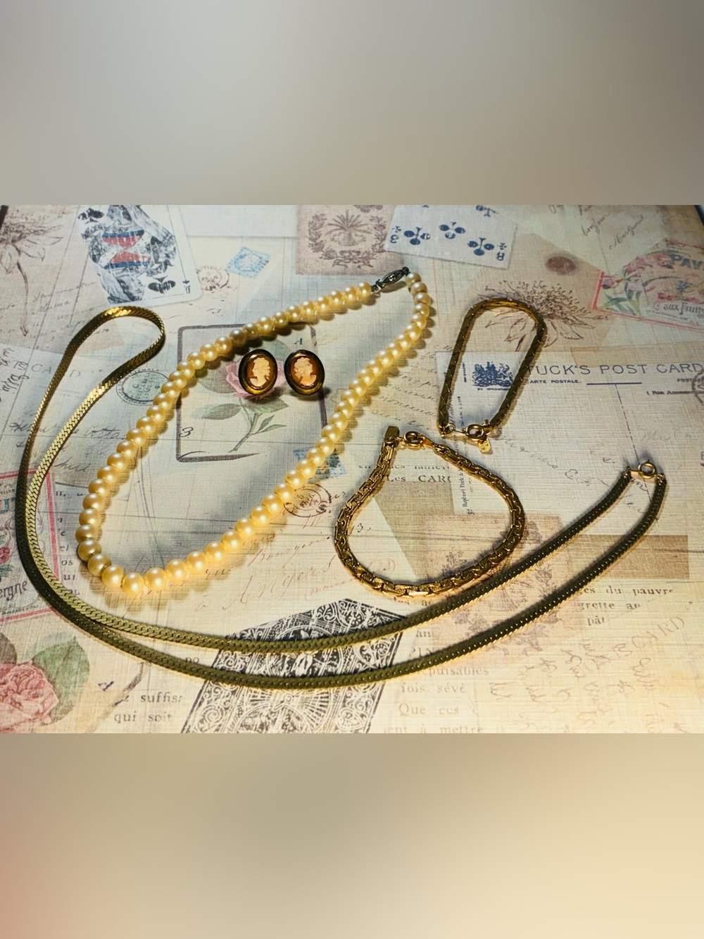 Vintage Cameo Earrings Faux Pearls & GP Necklace & Bracelets